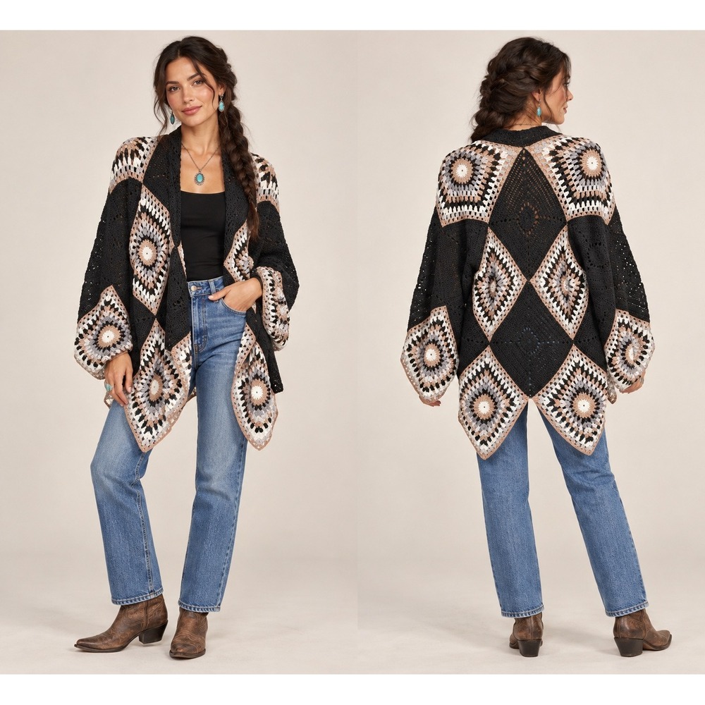 Boho Whimsigoth Patchwork Black Gray Crochet Knit Open Front Cardigan L Sweater